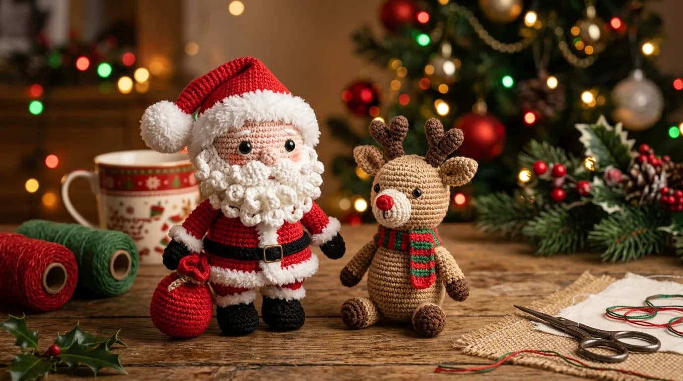 Cute amigurumi crochet Santa Claus and reindeer dolls with wool yarn