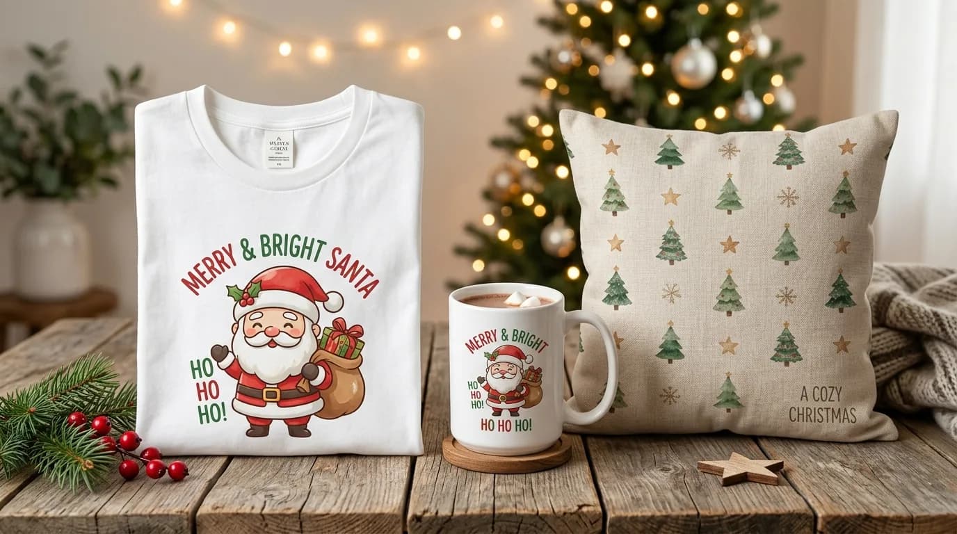 Folded Christmas graphic t-shirt, festive ceramic mug, and cozy decorative pillow
