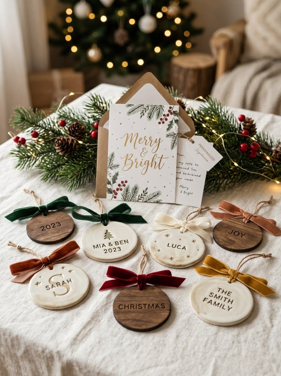 Handmade personalized Christmas tree ornaments and card