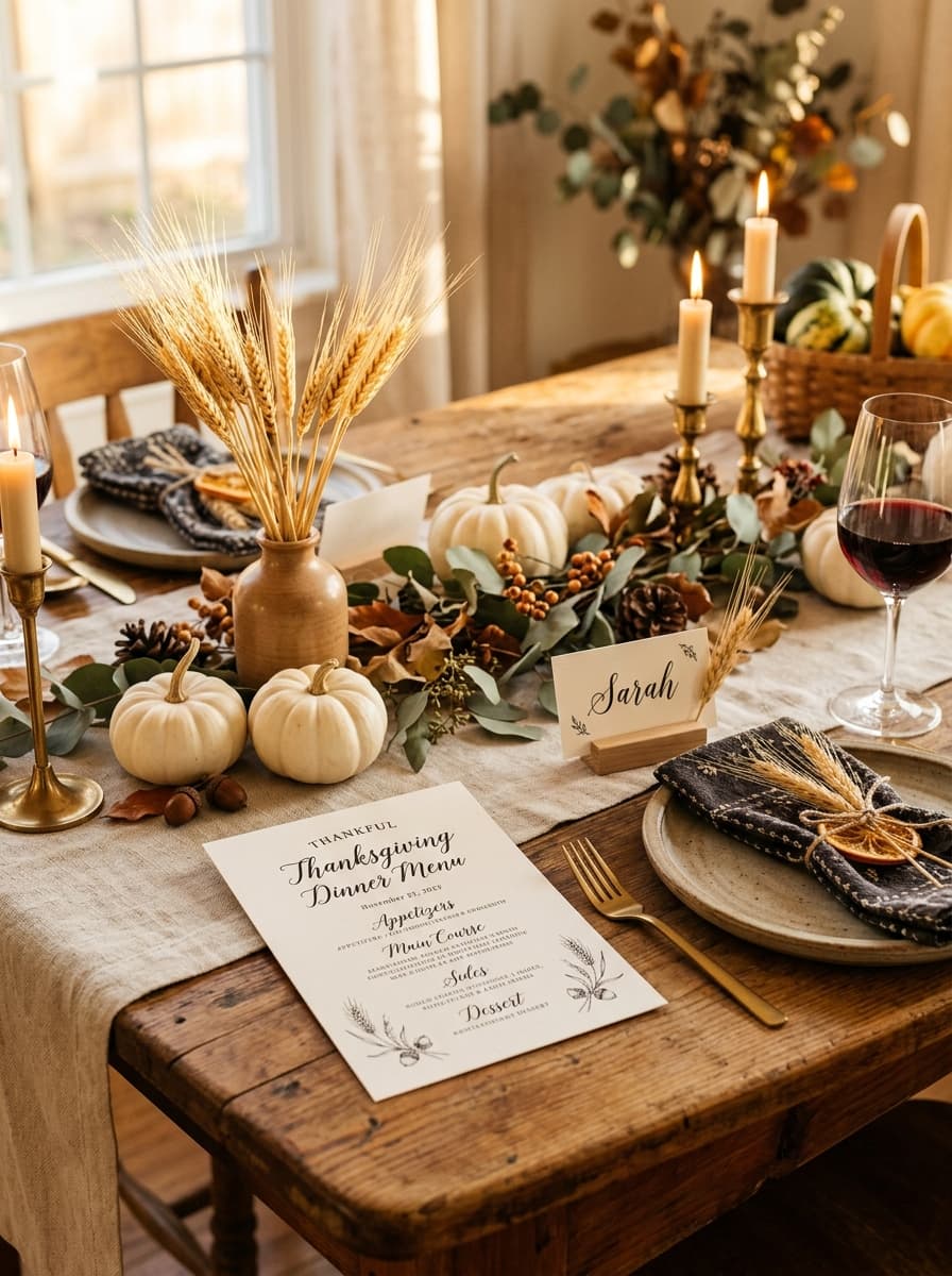 Thanksgiving harvest table place card and menu template