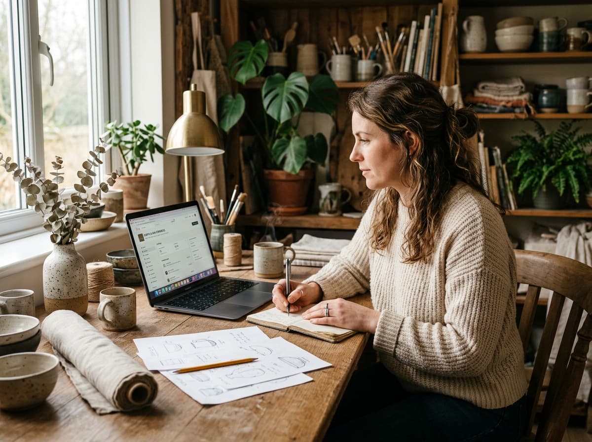 Etsy maker sitting at her workshop desk, reviewing product sketches and shop analytics